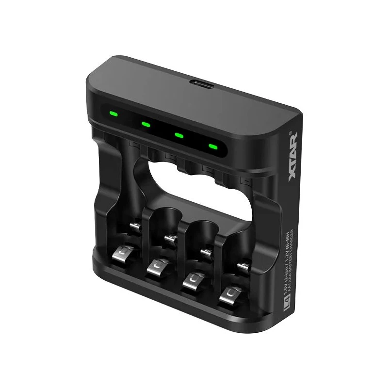 Akkulaturi XTAR 4 paikkaa AA/AAA (Li-Ion, NiMH) USB-C, LED-merkkivalot, musta