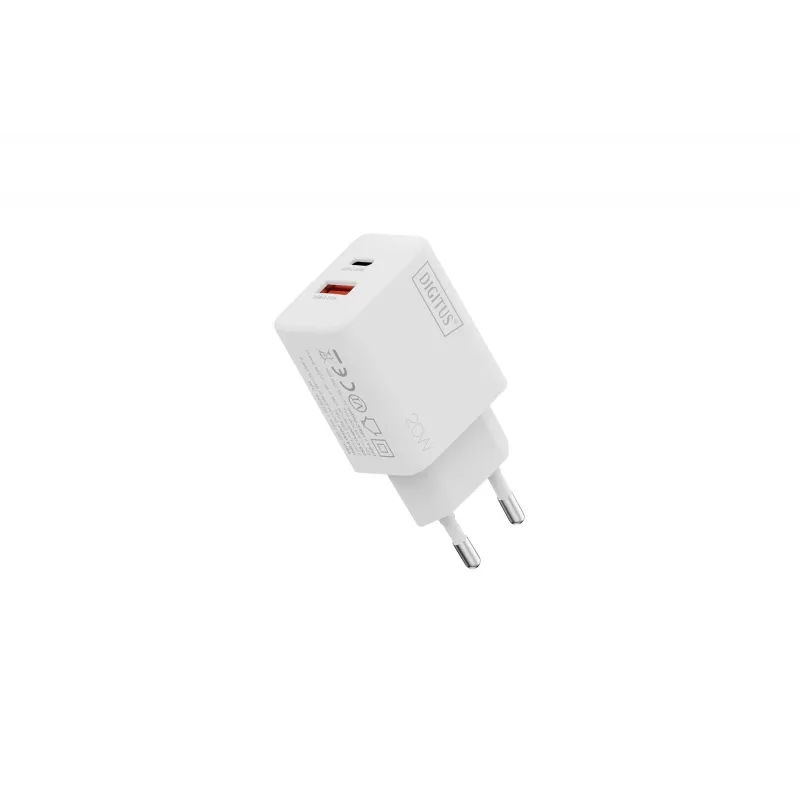 AC USB-laturi DIGITUS 20W, 1x USB-C, 1x USB-A, tulo 100–240V, valkoinen