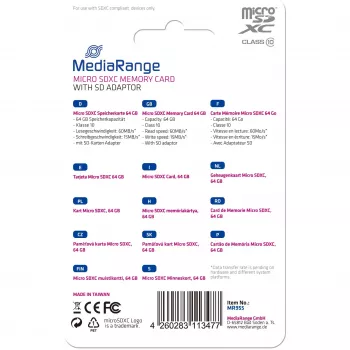 Muistikortti MediaRange 64GB MicroSDXC Class 10 MR955