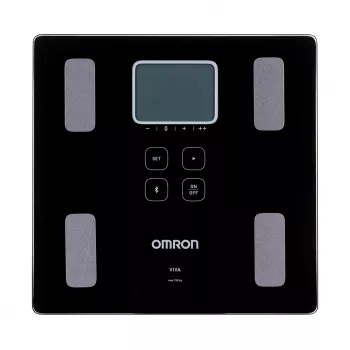Elektroninen henkilövaaka Omron VIVA – neliömäinen, musta, max. 150 kg, 100 g tarkkuus, kehon rasva/BMI/BMR, 30 käyttäjän muisti
