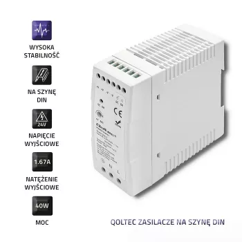 Qoltec DIN-kiskovirtalähde | 40W | 24V | 1.67A | valkoinen | ohut