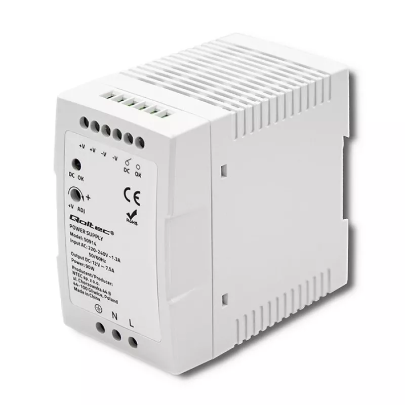 Qoltec 50914 DIN-kiskovirtalähde | 90W | 12V | 7,5A | valkoinen | ohut