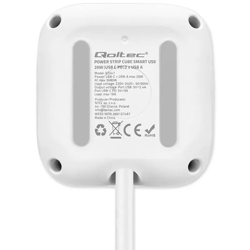 Power Cube QOLTEC 52547 jakotukki 3×AC-pistorasia, 2×USB-A, 1×USB-C PD 20W