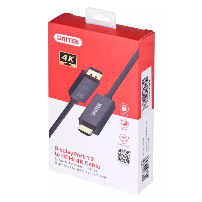 UNITEK KAAPELI DisplayPort 1.2, HDMI, 4K@60 Hz, 1,8 m, V1608A