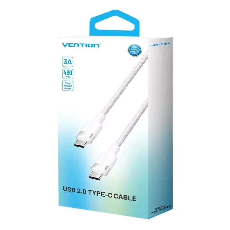 Vention TRDWH USB-C – USB-C -kaapeli, punottu, 2 m, 60 W PD, 3 A, 480 Mbps, valkoinen