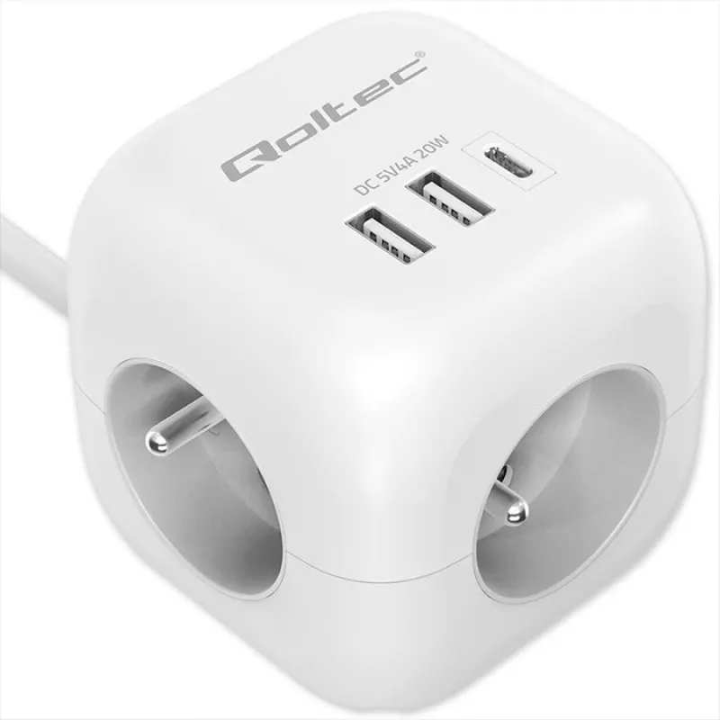 Power Cube QOLTEC 52547 jakotukki 3×AC-pistorasia, 2×USB-A, 1×USB-C PD 20W