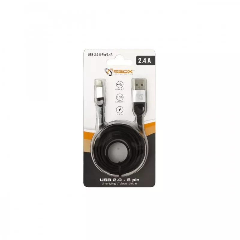 Sbox USB 2.0-8-Pin/2.4A musta/hopea