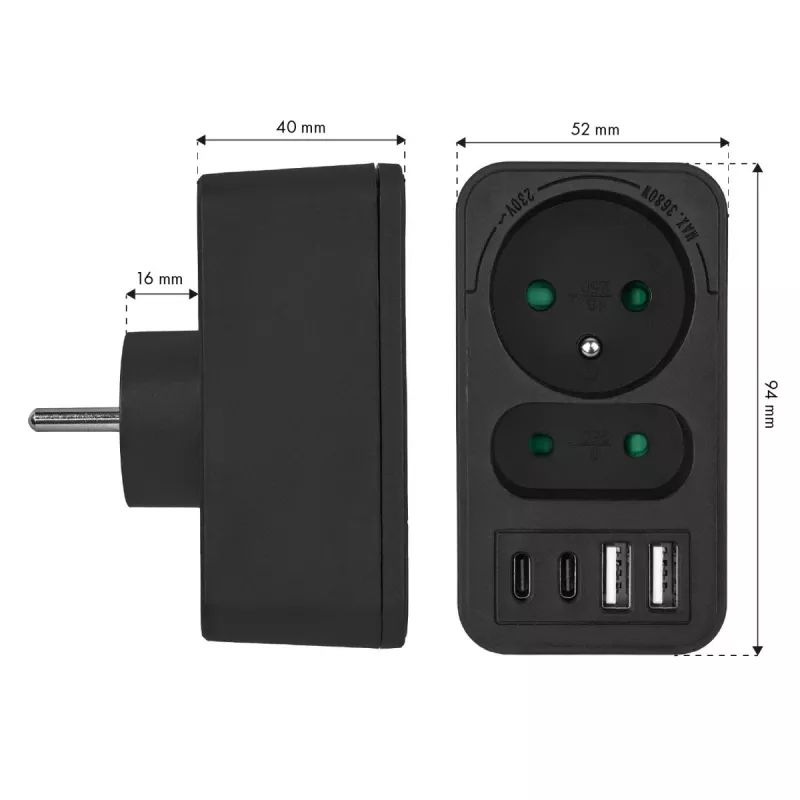 Virranjakaja MACLEAN MCE249 F/B – 2 AC-pistorasiaa (16A + 6A) ja 2×USB-A ja 2×USB-C PD 20W, EU-pistoke, musta