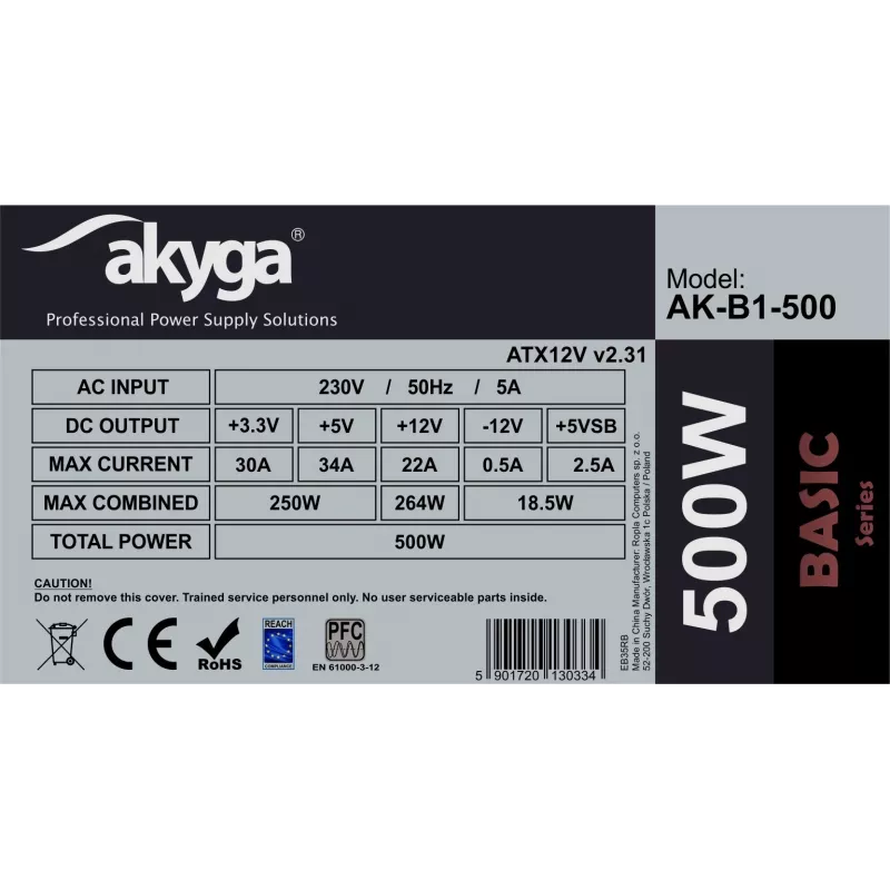 Akyga Basic AK-B1-500 ATX-virtalähde 500 W, 120 mm tuuletin, passiivinen PFC, harmaa