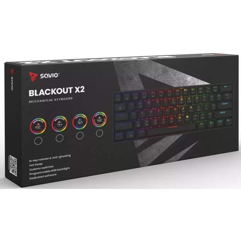 SAVIO BLACKOUT X2 BROWN mekaaninen pelinäppäimistö 61 näppäintä 60 % USB QWERTY RGB Outemu Brown