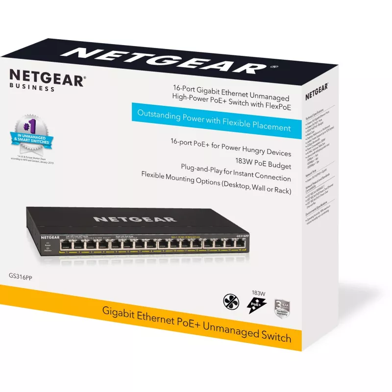 NETGEAR GS316PP hallitsematon Gigabit Ethernet (10/100/1000) Power over Ethernet (PoE) musta