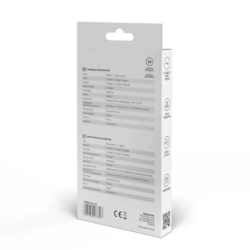USB-keskitin SAVIO AK-54 — 4 x USB-A (USB 3.2 Gen 1), USB-C-isäntä, musta