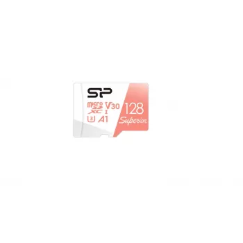 MicroSDXC-kortti Silicon Power Superior 128GB UHS‑I Class 10 U3 V30, 100/80 MB/s, valkoinen/persikka