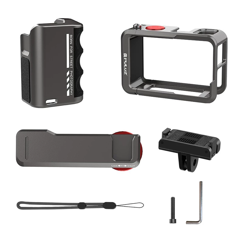Metallinen suojakotelo Puluz-kahvalla DJI Osmo Action 5 Pro / Action 4 / Action 3:lle