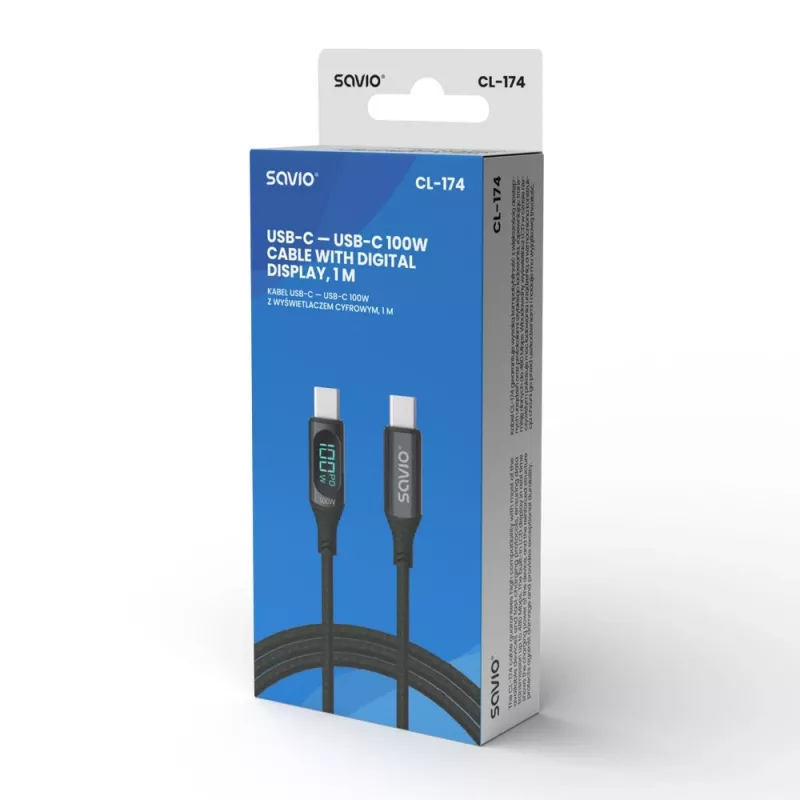 Savio CL-174 USB-C–USB-C-kaapeli, 100 W, Power Delivery/Quick Charge, digitaalinäyttö, 1 m, vihreä