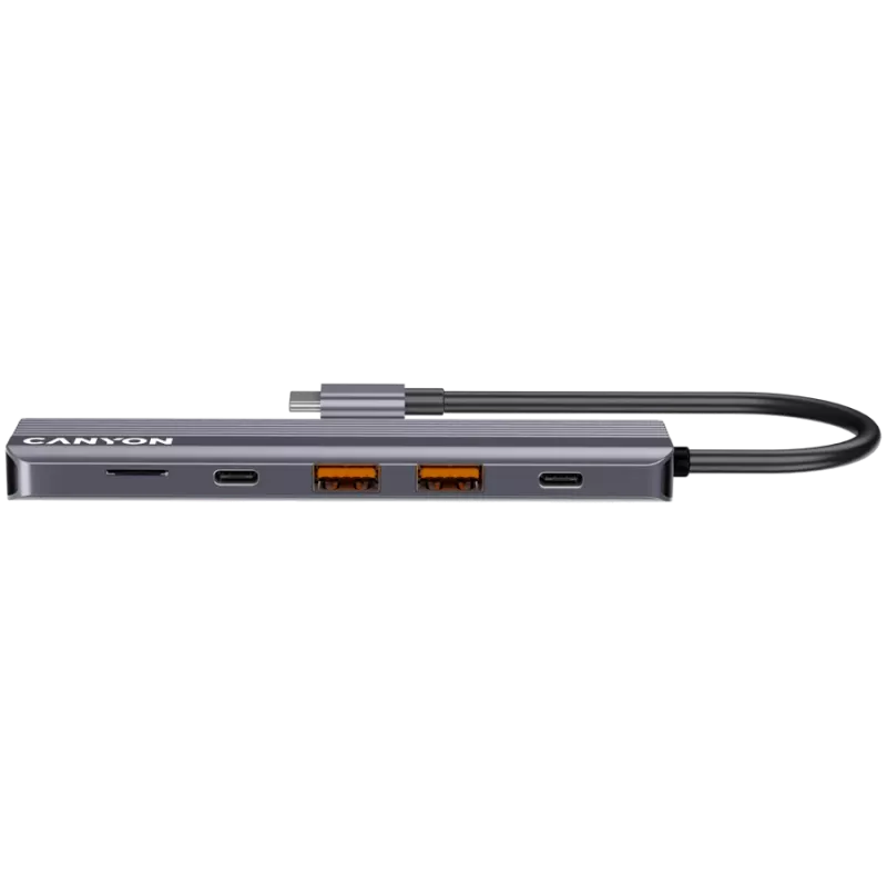 USB Type-C -keskitin CANYON DS-17 — HDMI, USB 3.2 Gen 1 A, USB-C, MicroSD, 10000 Mbit/s, harmaa