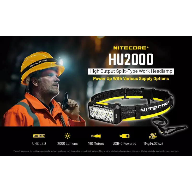 Otsalamppu Nitecore HU2000, 10 LEDiä, USB-ladattava litiumioniakku, alumiini+polykarbonaatti, IP68 vesitiivis