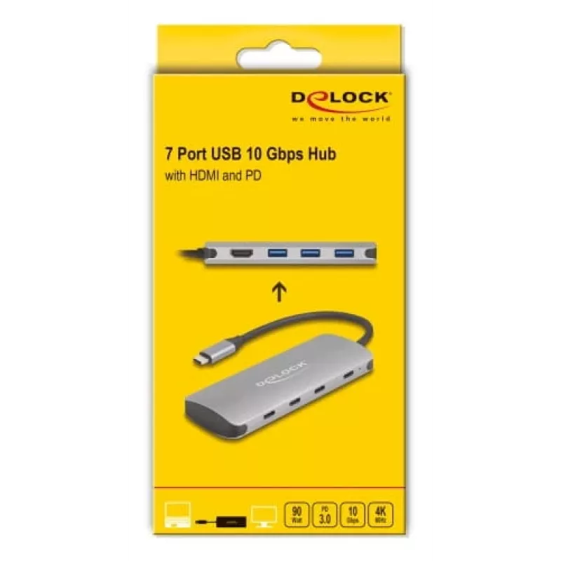 USB-C-keskitin DELOCK 64323 — USB 3.2 Gen 2 Type-C-isäntä, HDMI + 2× USB-A + 2× USB-C, 10 Gbit/s, harmaa