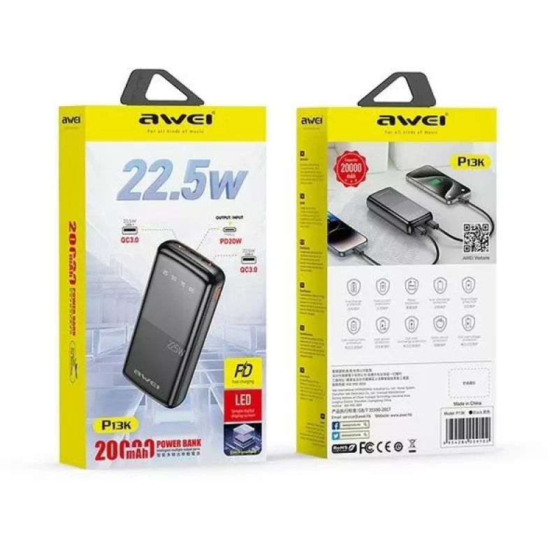 Varavirtalähde 20000mAh P13K 22,5W 2xUSB + USB-C