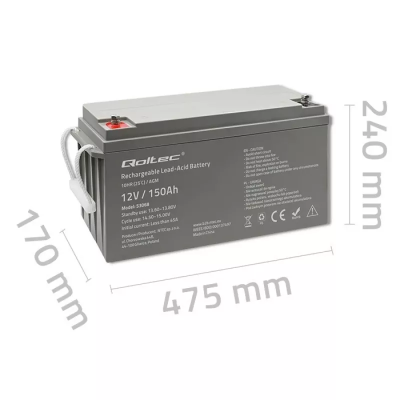 Qoltec 53068 AGM-akku | 12V | 150Ah | max. 2250A