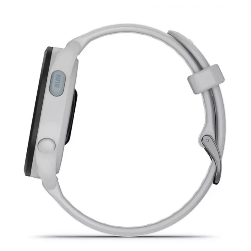 Älykello GARMIN Forerunner 165 — GPS, AMOLED 1,2 inch, 4 GB, 5 ATM, 11 päivän akku, harmaa kotelo, valkoinen ranneke
