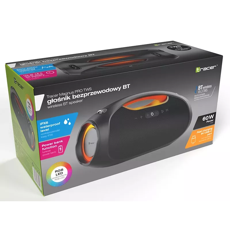 Stereo kannettava kaiutin TRACER TRAGLO47226 — langaton Bluetooth 5.3, 60 W RMS, 12 h akku, musta