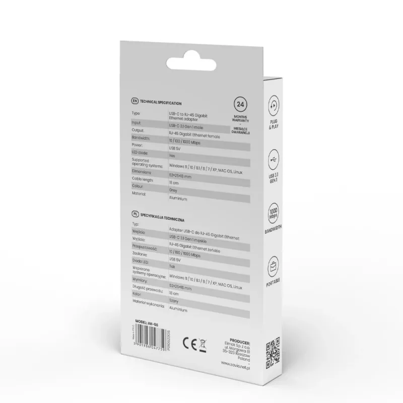 SAVIO adapteri USB-C 3.1 Gen.1 (M) - RJ-45 Gigabit Ethernet (F), 1000 Mbps, AK-56, harmaa