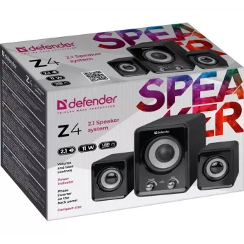 Johdolliset DEFENDER Z4 2.1 -kaiuttimet, 11 W RMS, musta, USB 5V virtalähde, 3,5 mm kuulokelähtö