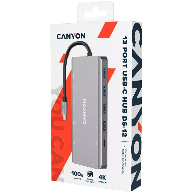 Canyon USB-13-in1 HUB USB-C 2xHDMI4xUSB2xUSB-CRJ45VGA vähittäismyynti