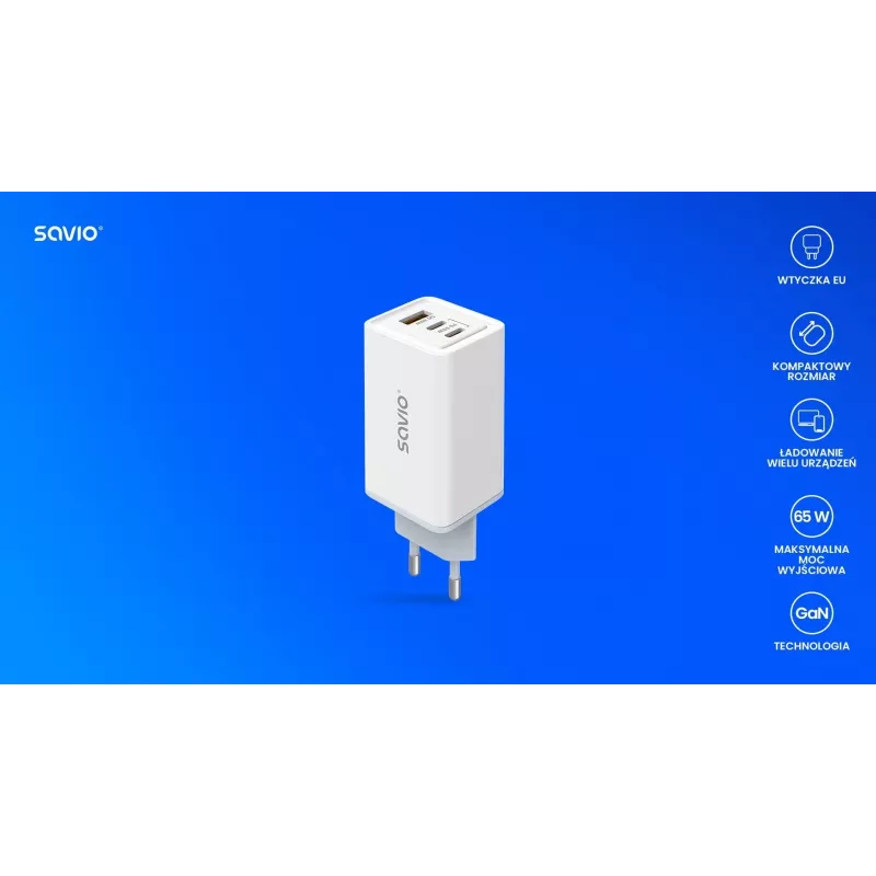 SAVIO LA-07 GaN 65W virtalähde, USB, QC4.0+, PD 3.0, valkoinen