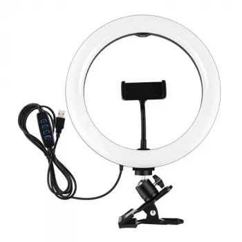 LED-rengasvalo 26 cm puhelintelineellä ja puristimella, USB