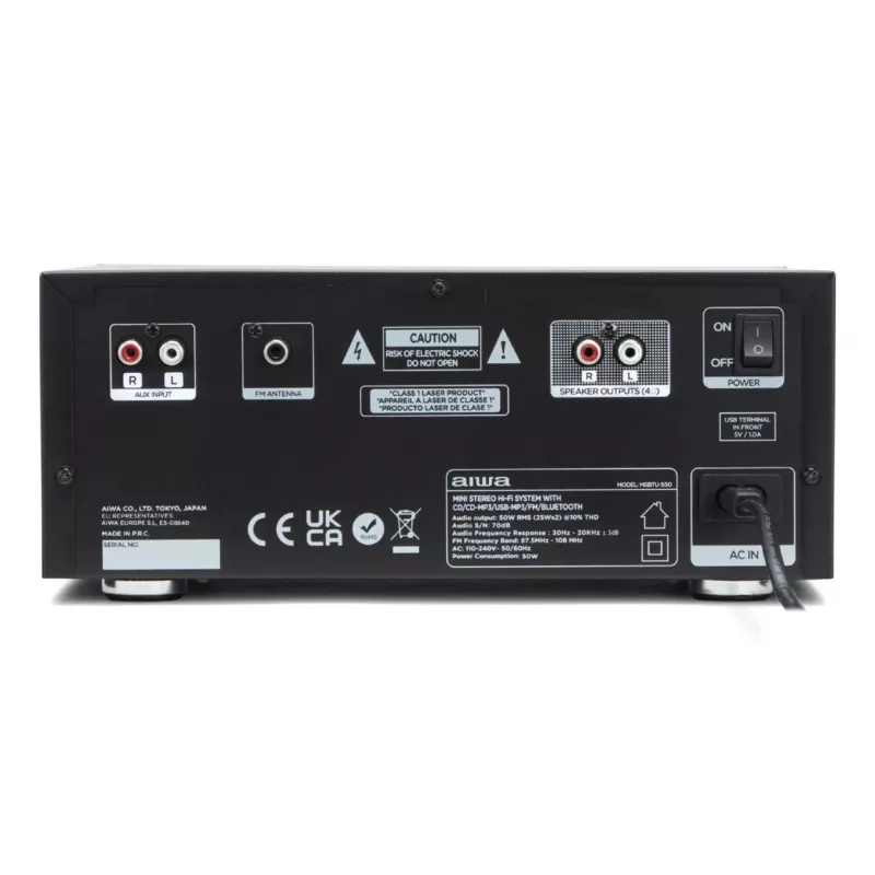Kotiaudiomikrojärjestelmä Aiwa MSBTU-550 — 50 W RMS, Bluetooth 10 m, FM, LED-näyttö, RCA, musta