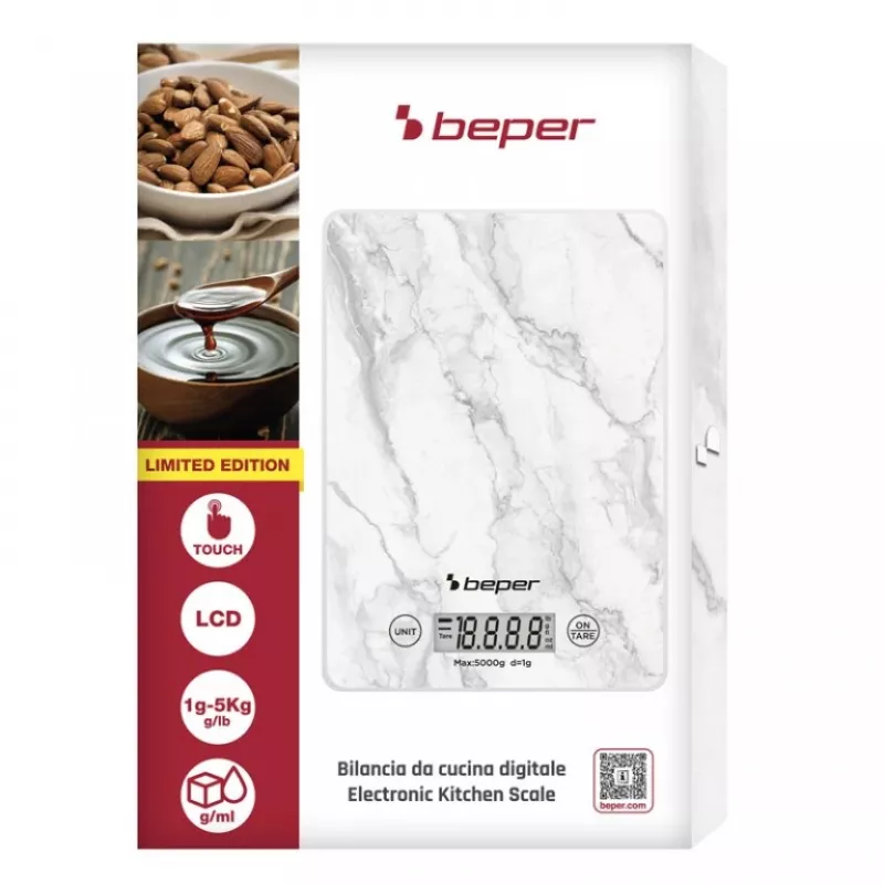 Keittiövaaka Beper P102BIL004 - digitaalinen, 5 kg, 1 g, valkoinen marmori