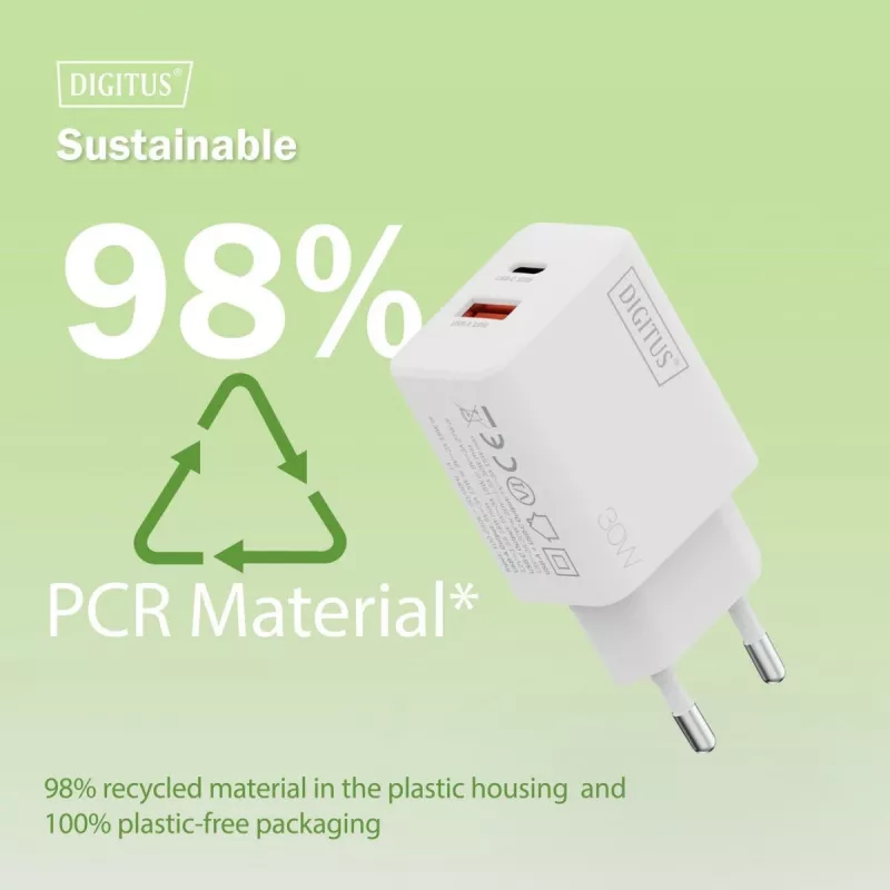 AC sisäkäyttöön USB GaN -laturi DIGITUS DA-10301 — 30W, 1× USB-C, 1× USB-A, 100–240V, valkoinen