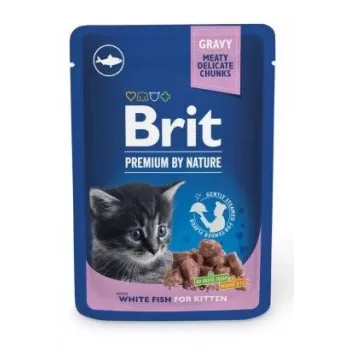 Märkäruoka kissoille Brit Premium by Nature Kitten White Fish 100 g, pussi, proteiini 9,5 %, rasva 5 %, kosteus 81 %