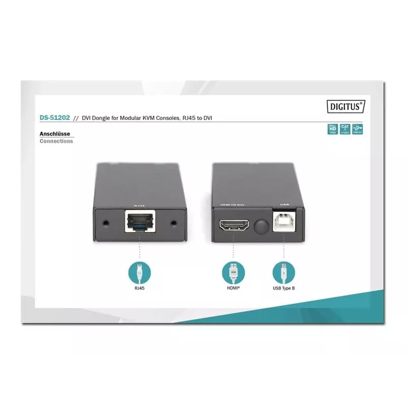 Digitus DVI-dongle modulaarisille KVM-konsoleille RJ45-DVI musta 1080p