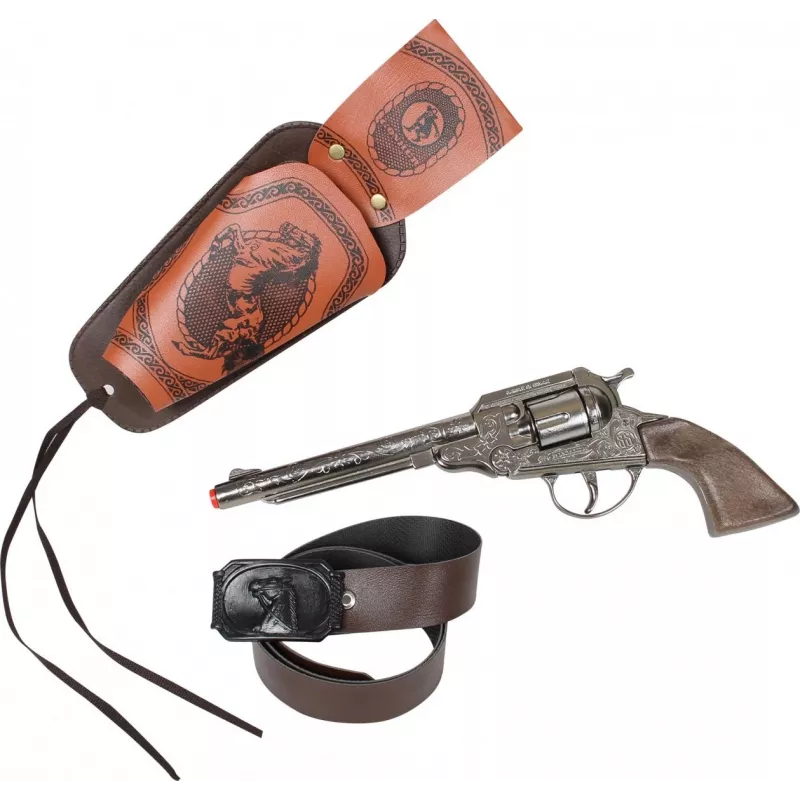 Metallinen lelucowboy-revolveri Pulio 155150/0 irrotettavalla kotelolla, single-action-replika