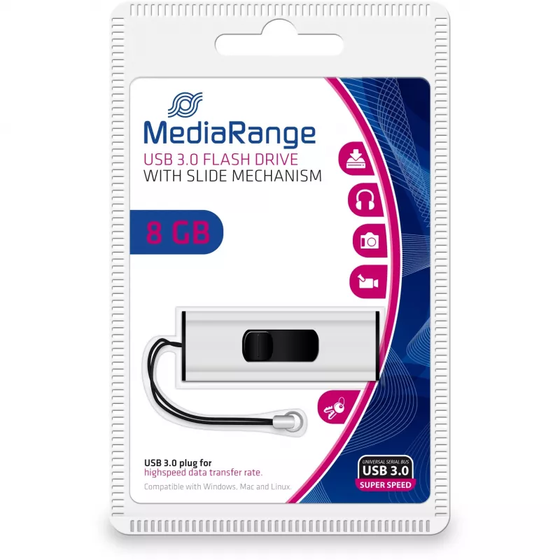 MediaRange SuperSpeed USB-muistitikku 8GB USB3.0 musta/hopea (MR914)