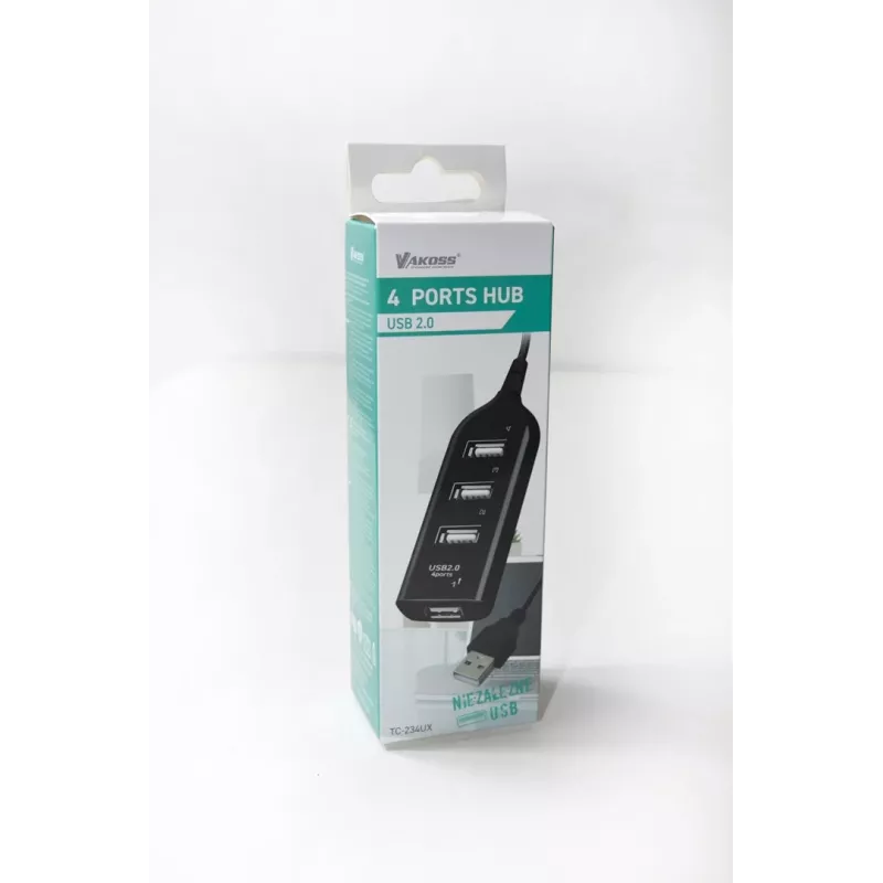 VAKOSS USB-keskitin TC-234UX — 4-porttinen USB 2.0 -keskitin, DC-virtalähde (5 V, 1 A), musta