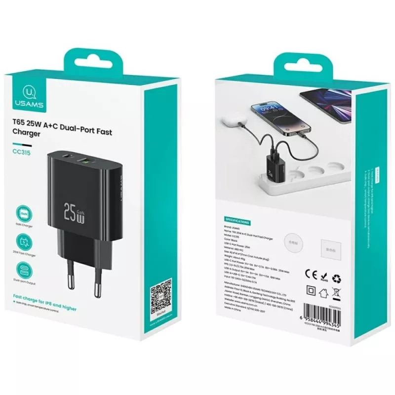 USB-laturi usams USA001629 25W 1×USB-C + 1×USB-A pikalataus