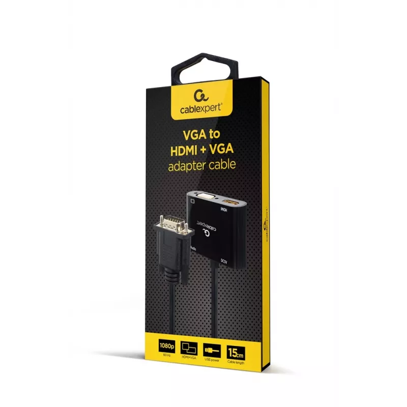 Videokaapeli-adapteri GEMBIRD A-VGA-HDMI-02 0,15 m — HDMI + VGA (D-Sub) naaras VGA (D-Sub) uros, musta