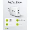 USB-C kaksoispikalaturi, PD, GaN, 65 wattia (valkoinen, 1x USB-C, 1x USB-A, Power Delivery)