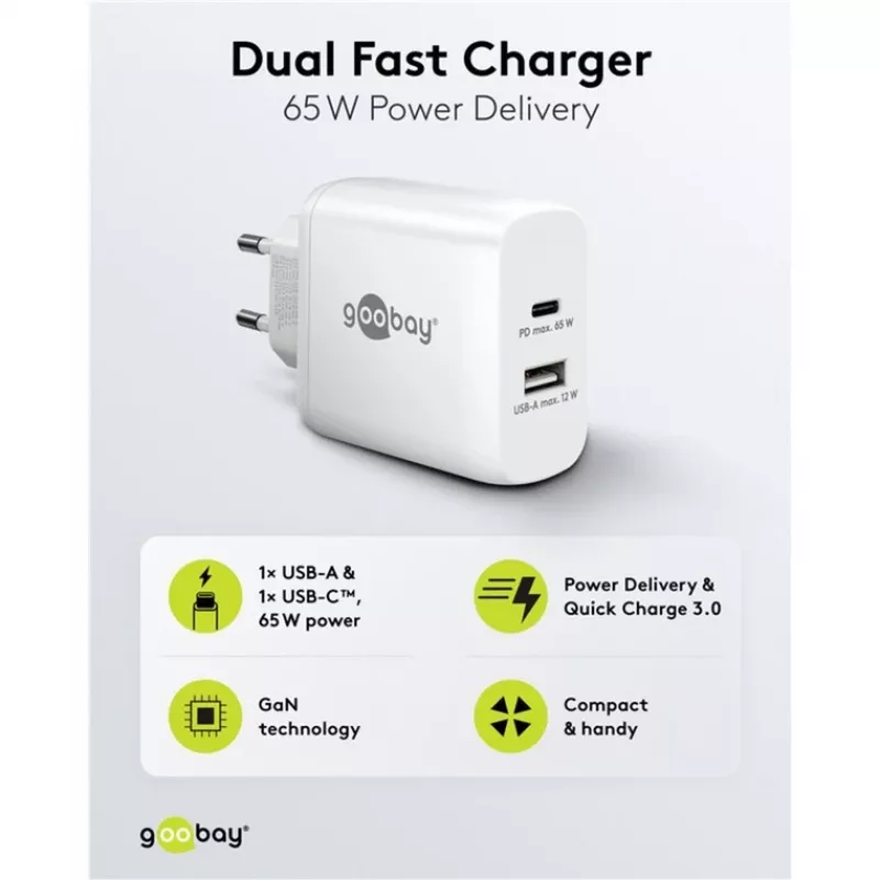 USB-C kaksoispikalaturi, PD, GaN, 65 wattia (valkoinen, 1x USB-C, 1x USB-A, Power Delivery)