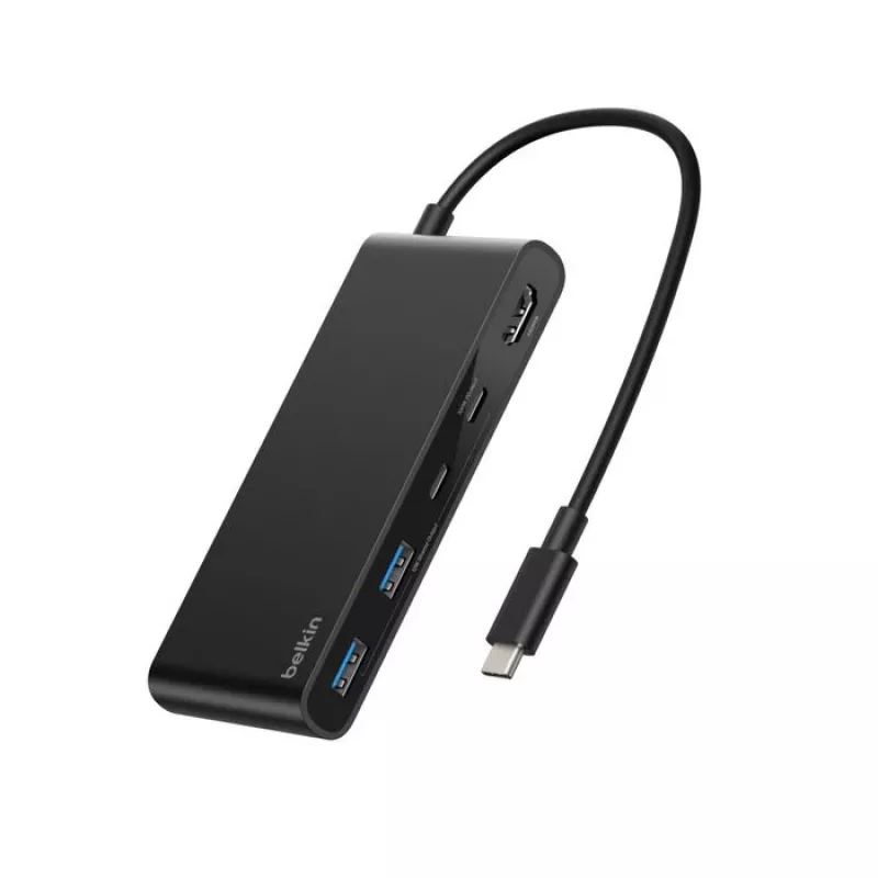 Belkin Connect, USB Type-C, HDMI, USB 2.0 Type-A, USB 3.2 Gen 1 (3.1 Gen 1) Type-C, MicroSD (TransFlash), SD, musta, pyöreä kaapeli, 0,2 m