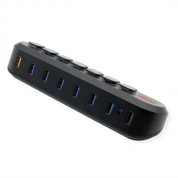 ROLINE USB 3.2 Gen 1 -keskitin, 7-porttinen, vaihdettavat painikkeet, Type-A-liitäntäkaapeli