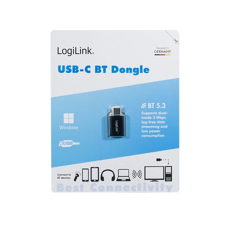 LogiLink BT0048A USB-C Bluetooth 5.3 -sovitin, 20 m kantama, musta