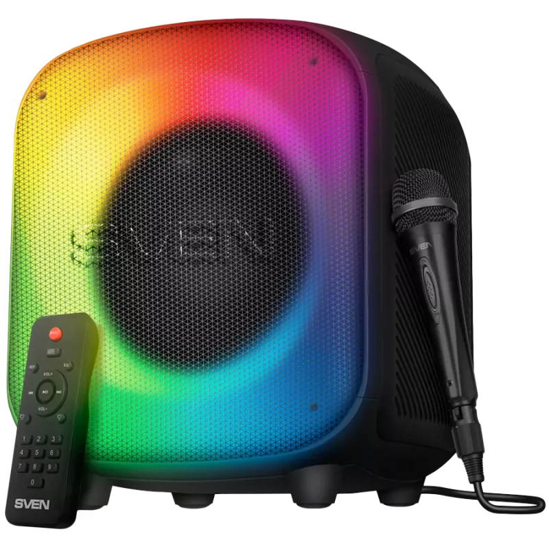 Kaiutin SVEN PS-555, musta, lähtöteho 65 W (RMS), TWS, Bluetooth, USB, microSD, kaukosäädin, litiumakku