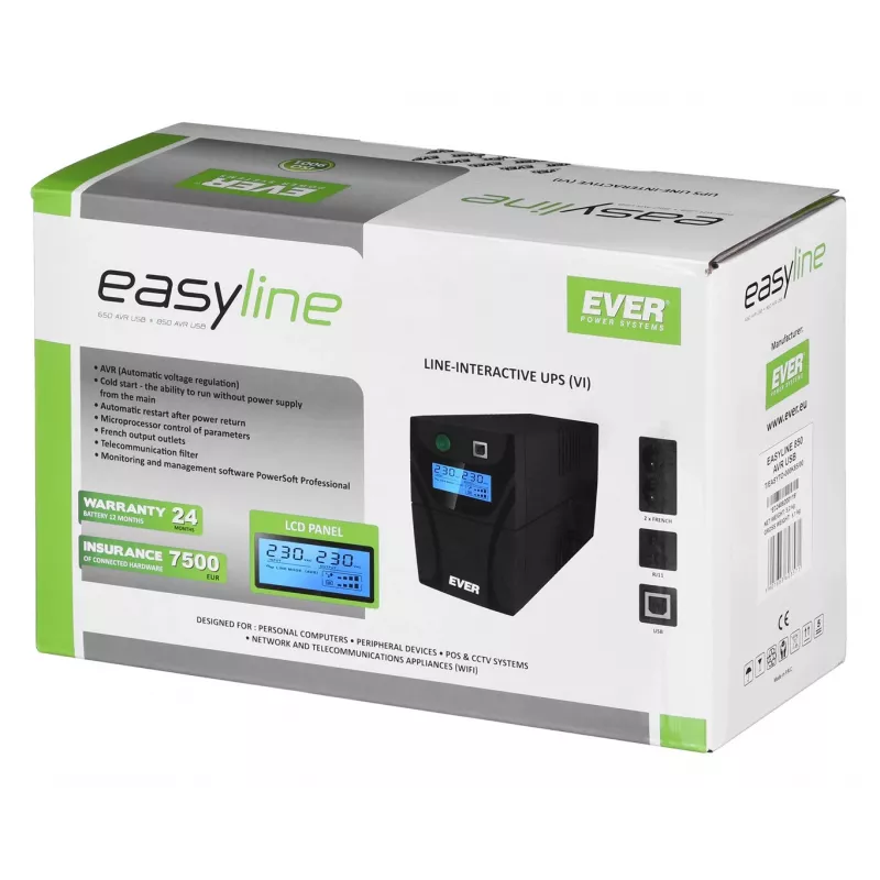 Ever EASYLINE 850 AVR USB Line-Interactive 0,85 kVA 480 W 2 AC-lähtöä