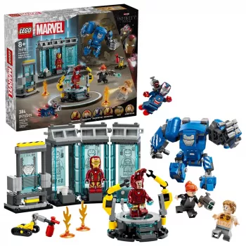 LEGO Marvel Iron Man -laboratorio ja asevarasto 76315 leikkisetti – 384 osaa, 5 minifiguuria, esittelyalue