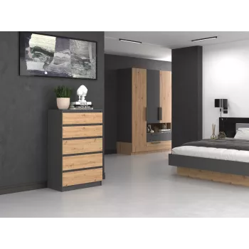 Kommode Topeshop M5 ANTRACYT/ARTISAN 5 laatikkoa, antrasiitti tammi, 700×1095×400 mm